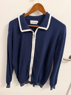 OXKNITSTORE Men's Navy Zip-Up Sweater with White Trim